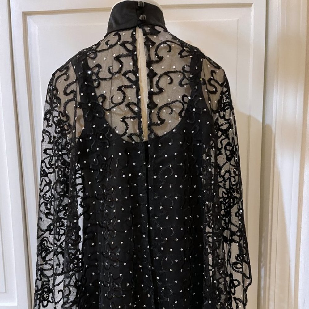 Victorian Vintage High Neck Capelet Black Womens M / L Sheer Beaded Fringed Cape - Picture 8 of 15